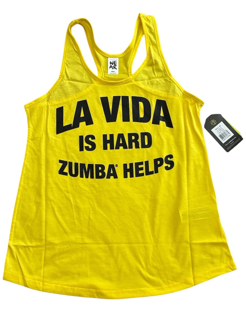 Zumba Fitness Yellow Racerback Tank Top with Black Slogan size S